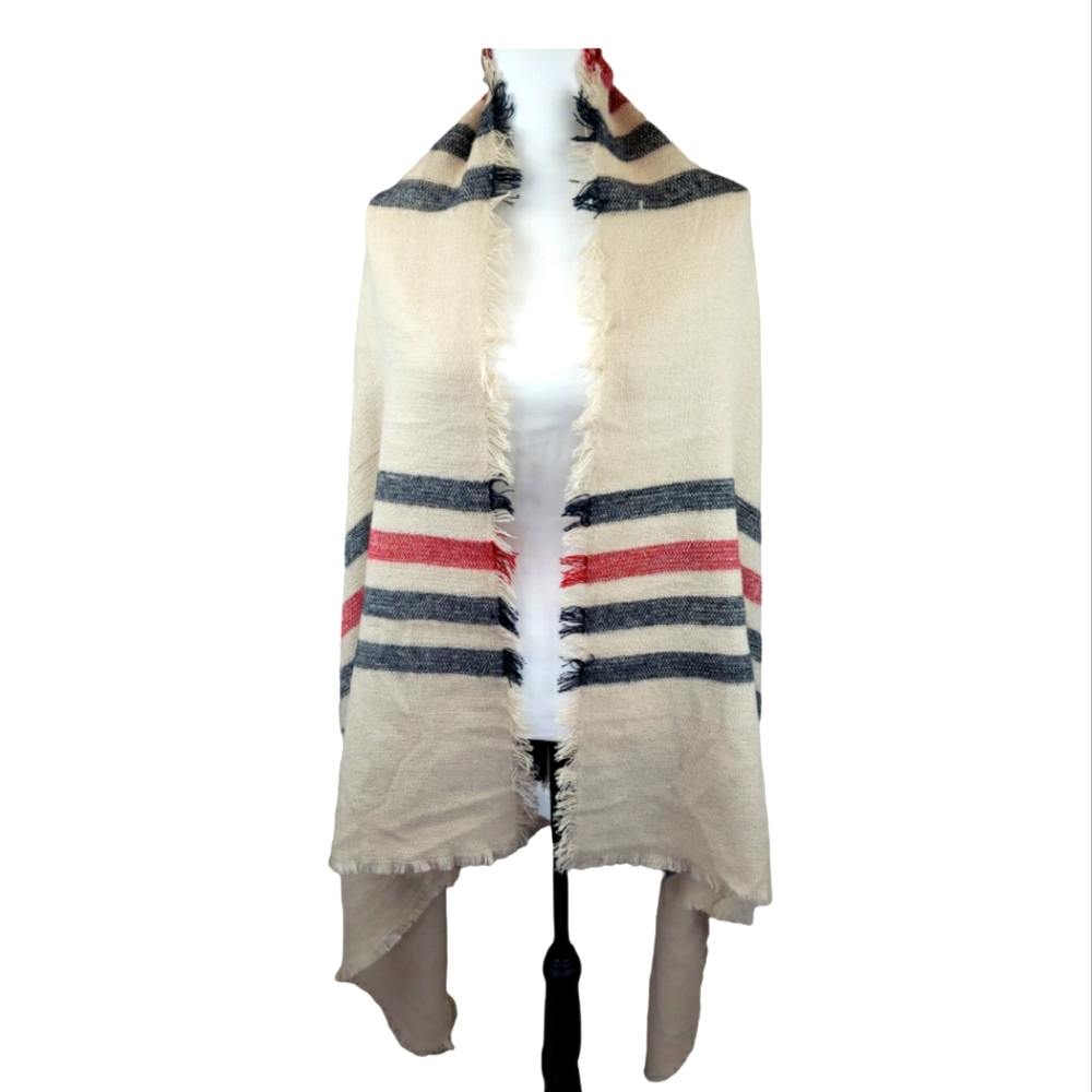 Contempo NWT Blanket Scarf/Wrap in Tan/Navy/Red with Fringe